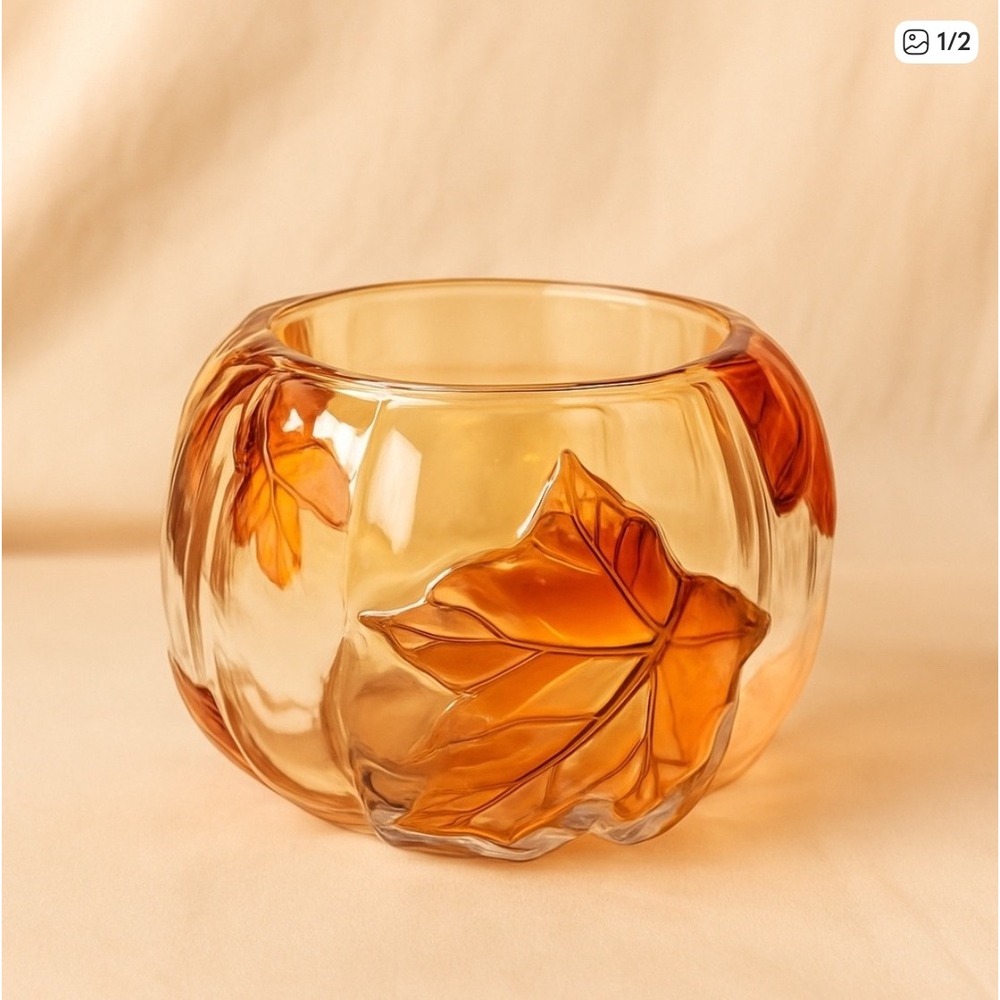 Amber Glass Leaf Embossed Candle Holder‎ Pumpkin Shape Autumn Fall Decor